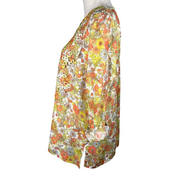 Multiples Top Blouse Retro Floral Large L Semi-Sheer 70s Roll Tab Sleeves - Picture 3 of 9